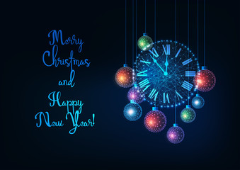 Wall Mural - Merry Christmas and Happy New Year greeting card with roman clock and hanging decorative baubles.