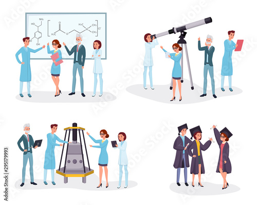Fotografía Scientists and graduates flat illustrations set