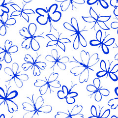  Beautiful seamless pattern with butterflies. Blue ink. Sketchy Hand Drawn graphic print. Butterflies design