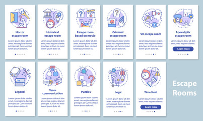 Poster - Escape room onboarding mobile app page screen set with linear concepts. Quest game classification, categories. Walkthrough graphic instructions. UX, UI, GUI vector template illustrations pack