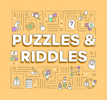 Puzzles And Riddles Word Concepts Banner. Solving Problems, Mysteries Presentation, Website. Escape Games Isolated Lettering Typography Idea With Linear Icons. Vector Outline Illustration