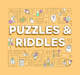 Wall Mural - Puzzles and riddles word concepts banner. Solving problems, mysteries presentation, website. Escape games isolated lettering typography idea with linear icons. Vector outline illustration