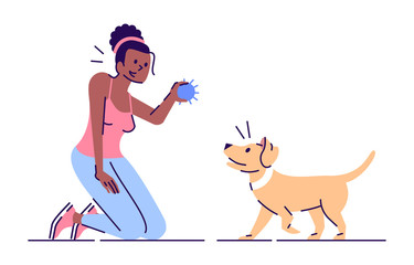 Poster - Young woman having fun with puppy flat vector illustration. Stress management. Active leisure. Girl with dog playing with ball isolated cartoon characters with outline elements on white background