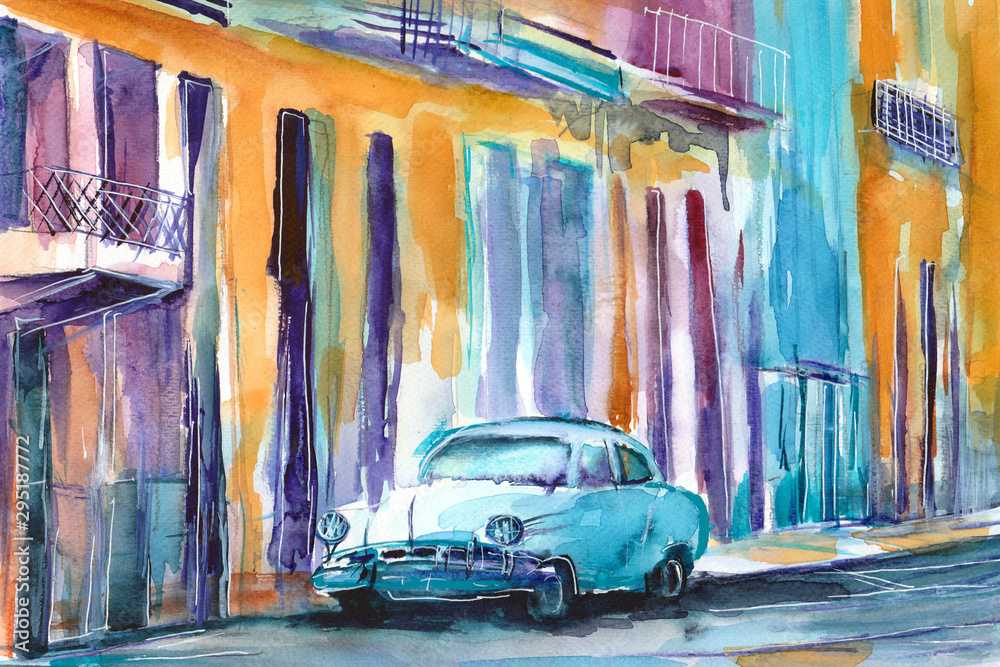 Obraz na płótnie Ręcznie malowany akwarelą widok ulicy  w Hawanie na Kubie w salonie