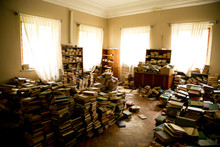 Old Books In An Old Library, In An Abandoned House, A Room In A Castle