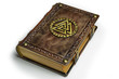 Vintage leather book with gilded Odin's symbol, surrounded with runes. English translation of the runes is: A B C D E F G H I J K L M N O P Q R S T U V W X Y Z