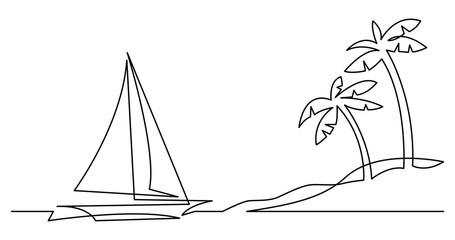 Canvas Print - continuous line drawing of beautiful sailboat yacht sailing near tropical beach with palm trees