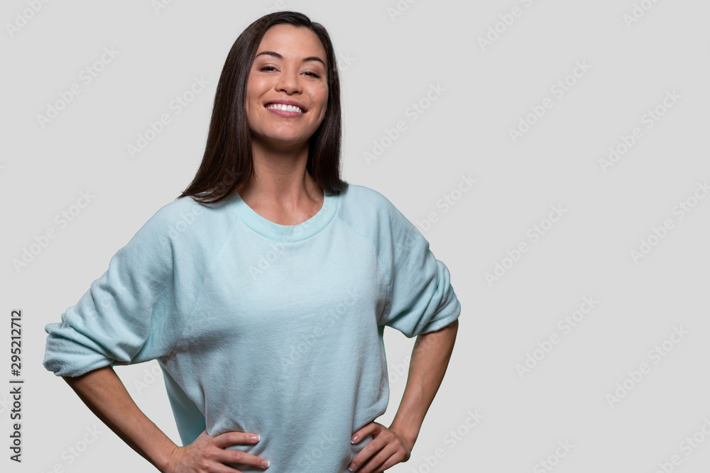 Proud and accomplished young woman smiling with pride, confidence, high self esteem, empowered confident leader student - obrazy, fototapety, plakaty 