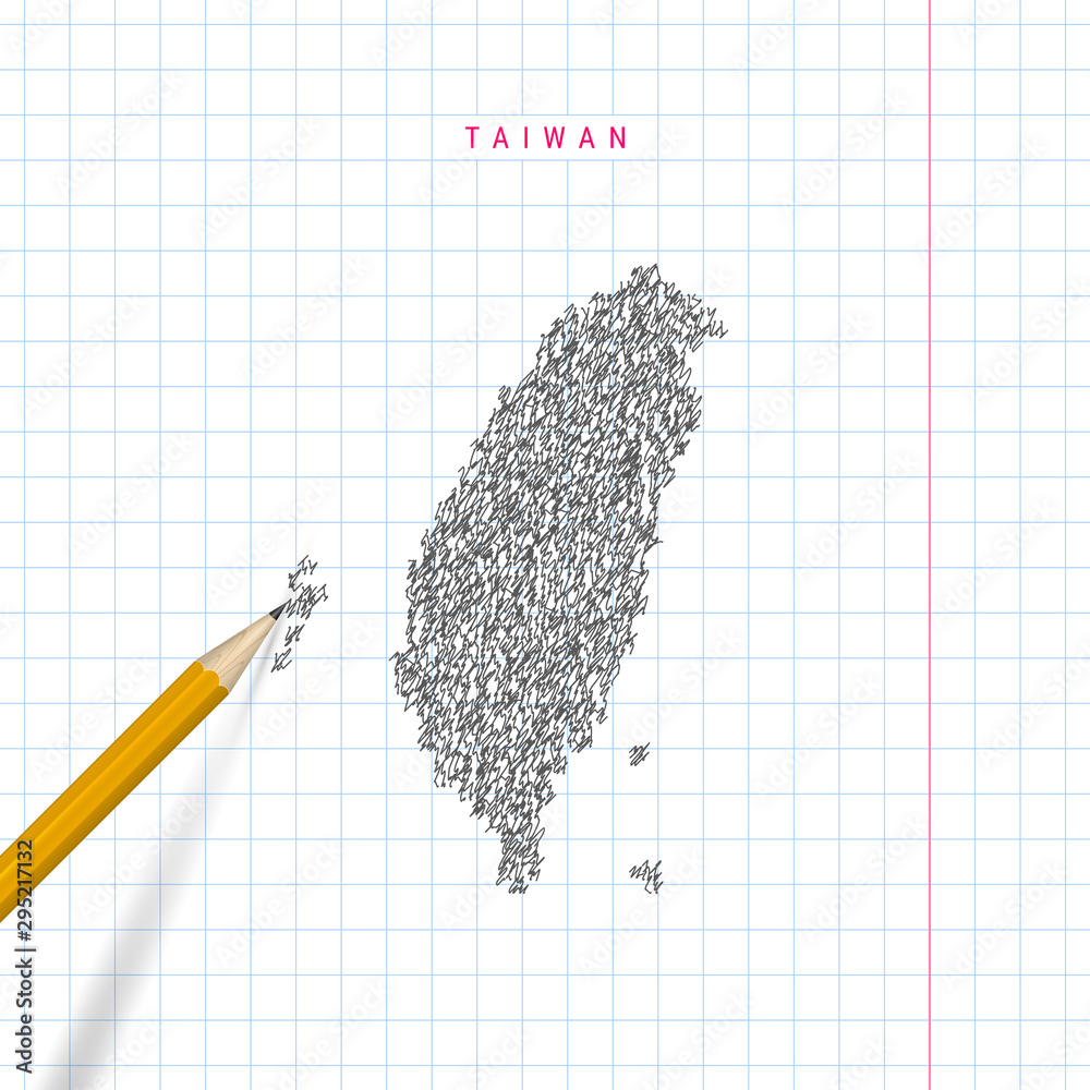 Taiwan sketch scribble vector map drawn on checkered school notebook ...