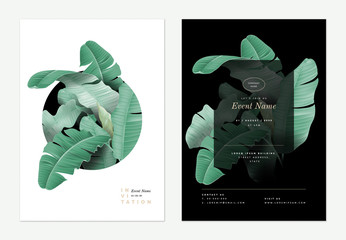 Wall Mural - Event invitation card template design, banana leaves decorated on black