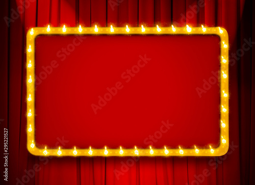 Fotomural Red light sign with gold frame on theatre or cinema curtain