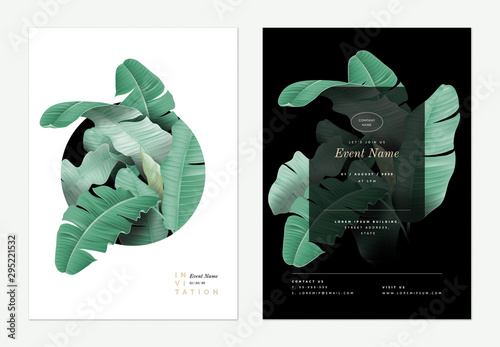 Event invitation card template design, banana leaves decorated on black