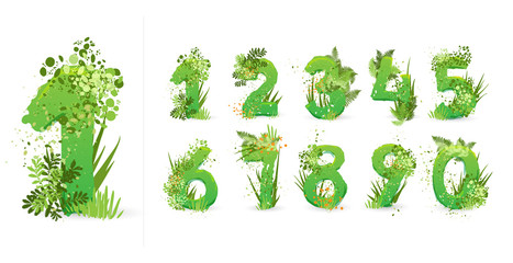 Green Leaves font. Vector illustration. Stylish eco alphabet from colorful tropical leaves, bushes, flowers and nature elements. Egology and natural font, summer and tropical letters isolated on white