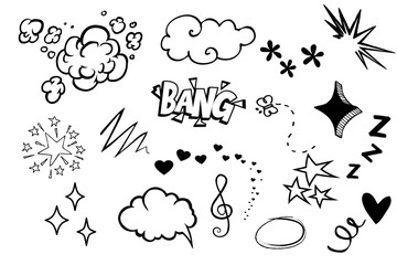hand drawn elements on isolated white background. simple sketched signs. line art. set of different 