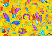 Hand Drawn Flower Seamless Pattern (tiling). Colorful Seamless Pattern With Flowers, Paisley And Leaves. Flowers On A Yellow Background. Doodle Style. Perfect For Textile, Cover Design.