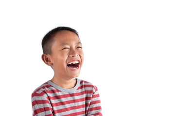 Portrait of happy joyful little Asian boy, isolated on white background.