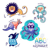 Fototapeta  - Cute zoo alphabet drawing in a chalk style. Set of animals for learning the english alphabet L - P. Hand drawn illustration