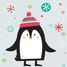 Cute Penguin With Flaying Snowflakes On Background