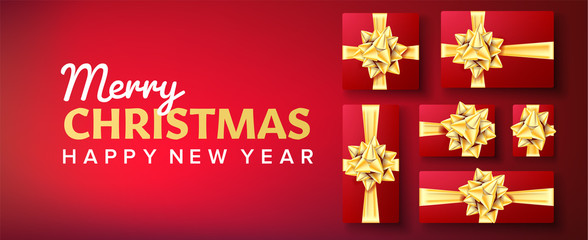 Poster - Merry Christmas Banner Vector. Gifts Box Gold Bow. Red Horizontal Background Illustration