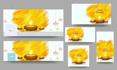 Poster - Happy Diwali header, poster or template set with illuminated oil lamps (Diya) and yellow brush stroke effect on white background.