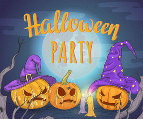 Wall Mural - Halloween party. Card / banner with pumpkins and full moon