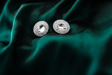 Luxury Diamond Earrings On Dark Emerald Green Silk, Holiday Glamour Jewelery Present