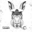 Hipster animal rabbit in captain's cap and smoking pipe. Hand drawing Muzzle of bunny