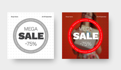 Layout of a vector square banner for a big sale with a red and gray circle, with a photo of a girl and a 75% discount.