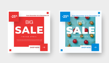Poster - Big sale square vector banner template with red and blue design elements.