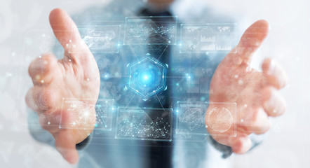 Aufkleber - Businessman using digital technological interface with datas 3D rendering