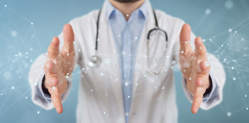 Fototapete - scientist using floating digital network connections with dots and lines 3d rendering
