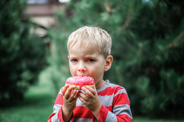 Happy boy eating a bright pink donut on the meadow