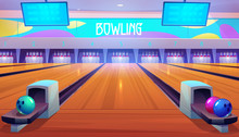 Bowling Alleys With Balls, Pins And Scoreboard Screens. Empty Club Interior With Skittles On Lane, Place For Entertainment, Leisure And Sport Tournaments. Recreation Hobby. Cartoon Vector Illustration