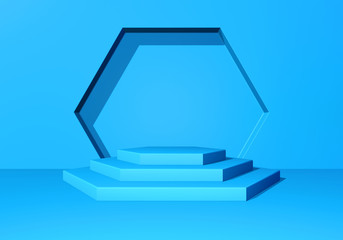 Poster - Pedestal or podium with steps and wall arch in the blue abstract background. 3D illustration