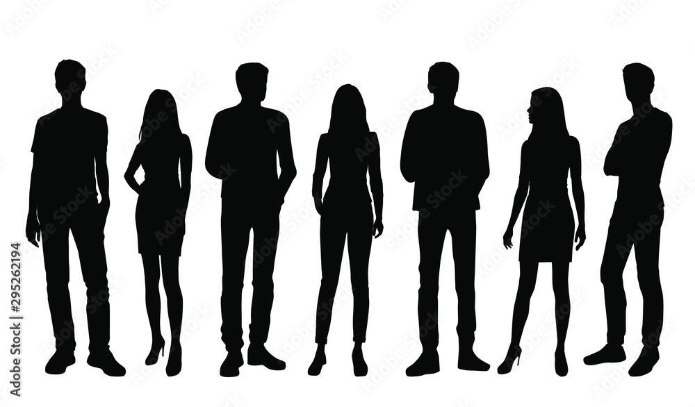 Vector silhouettes of  men and a women, a group of standing business people, black color isolated on white background - obrazy, fototapety, plakaty 