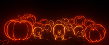 3D Render Composition Of Neon Pumpkins And Skulls On A Dark Background.