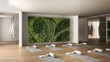 Empty yoga studio interior design, space with mats, hammocks, pillows and accessories, parquet, mirror, vertical garden and big panoramic window, ready for yoga practice, meditation