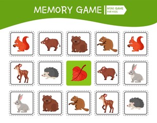 Memory game for preschool children, vector cards with forest animals. Find two identical picture. Kids activity page for book. 