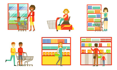 Canvas Print - Supermarket Interior Elements Set, People Choosing and Buying Products in the Shop Vector Illustration