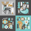© MirabellePrint - Scandinavian Christmas illustration with cute woodland animals, woods and snowflakes on dark grey background. Perfect for tee shirt logo, greeting card, poster, invitation or print design.