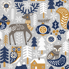 seamless vector pattern with cute woodland animals, woods and snowflakes on light grey background. s