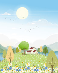 Cute cartoon panorama landscape of Spring field and wild flowers with family bee flying, Lovely card with sun shine, cloud and honey bee collecting pollen on flowers in sunny day, Summer background