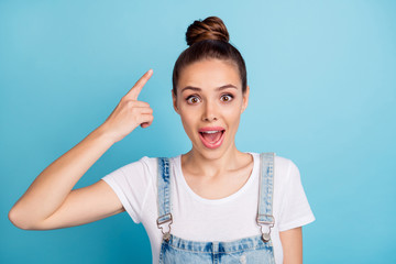 Sticker - Portrait of funky lady screaming wow omg wearing white t-shirt denim jeans isolated over blue background