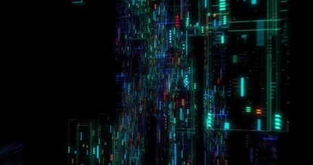 Poster - Seamless loop of abstract matrix hologram digital data flow. fly through time and space, warp through science fiction binary code particles network. Science and Technology concept. 3D render