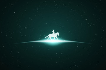 Poster - Girl on horse in space. Vector conceptual illustration with white silhouette of running horse and female rider. Emerald abstract background with stars and glowing outline
