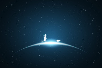 Poster - Little girl with dog in space. Vector conceptual illustration with white silhouettes of running child with pet. Bue abstract background with stars and glowing outline