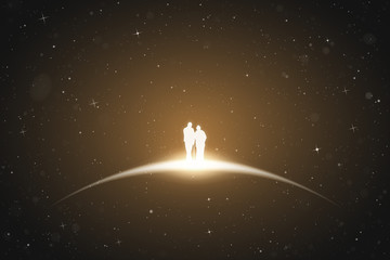 Sticker - Old lovers in space. Vector conceptual illustration with white silhouette of elderly couple. Yellow abstract background with stars and glowing outline.