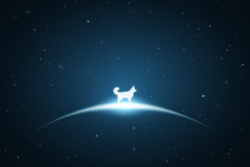 Poster - lonely dog in space. vector conceptual illustration with white silhouette of animal. bue abstract ba
