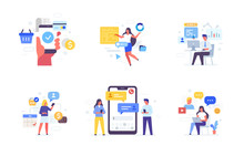 People Use Gadgets. Set Of Icons, Illustration. Smartphones Tablets User Interface Social Media.Flat Illustration Icons Infographics. Landing Page Site Print Poster.