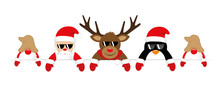 Cute Santa Reindeer Penguin And Gnomes With Sunglasses Christmas Banner Vector Illustration EPS10